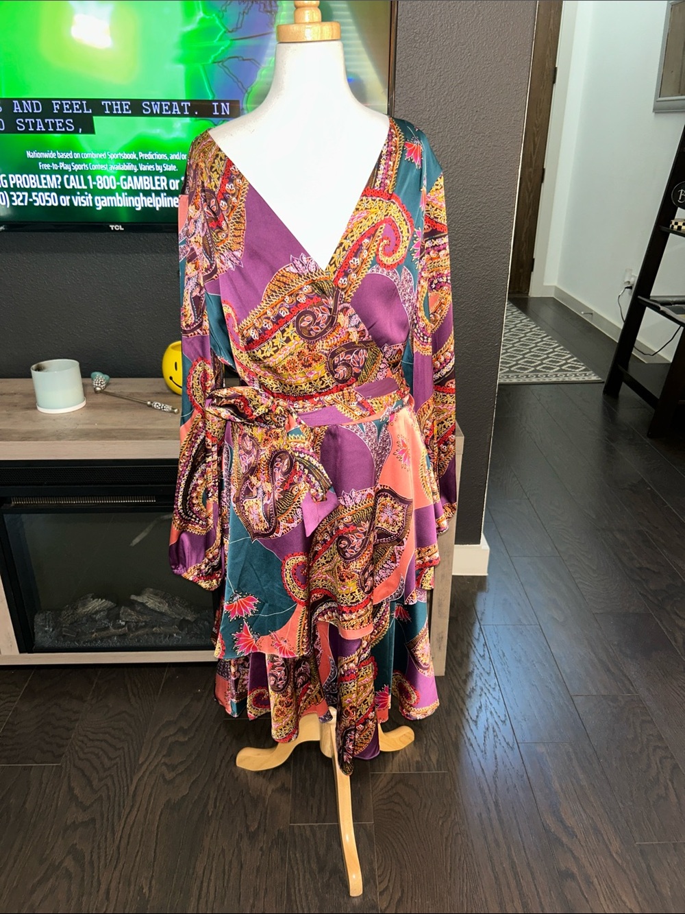Tahari Purple Paisley Wrap Dress with Teal & Coral Accents